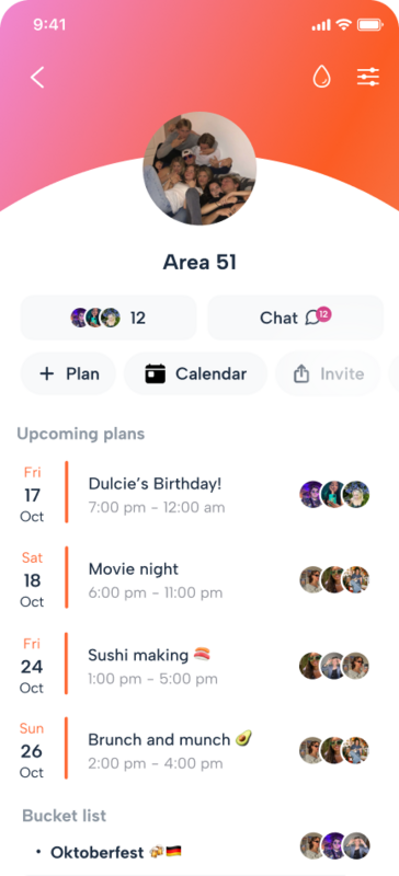 A group page in Howbout, the shared calendar app for friend groups, families and roommates. See upcoming plans, group availability and your bucket list.